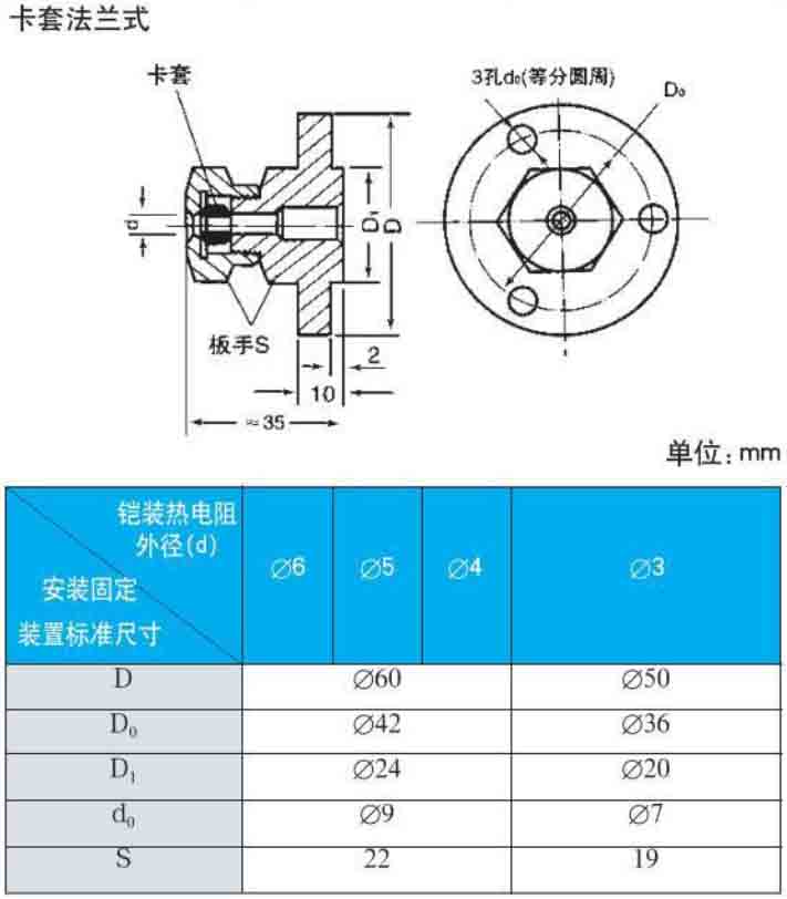 鎧裝熱電阻卡套法蘭式安裝尺寸圖